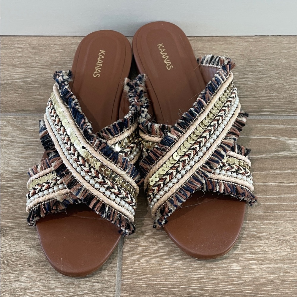 Kaanas Woven Sandals in Brown, Cream, and Black